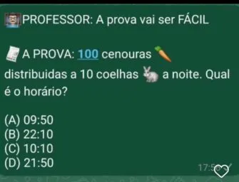 100 cenouras distribuídas a 10 coelhas a noite, qual é o horário?
