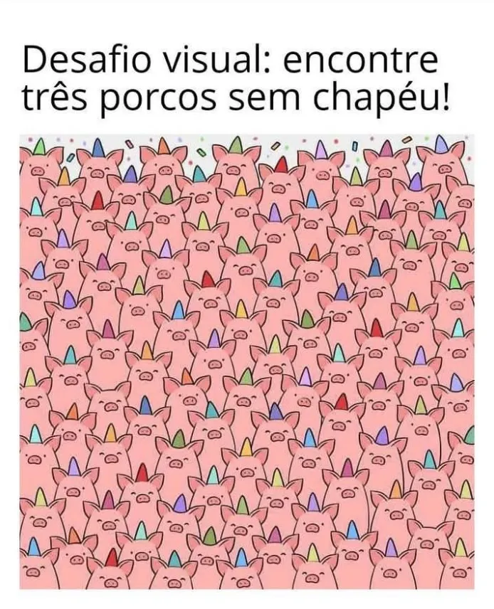 Desafio Visual: Encontre os 3 Porcos sem Chapéu
