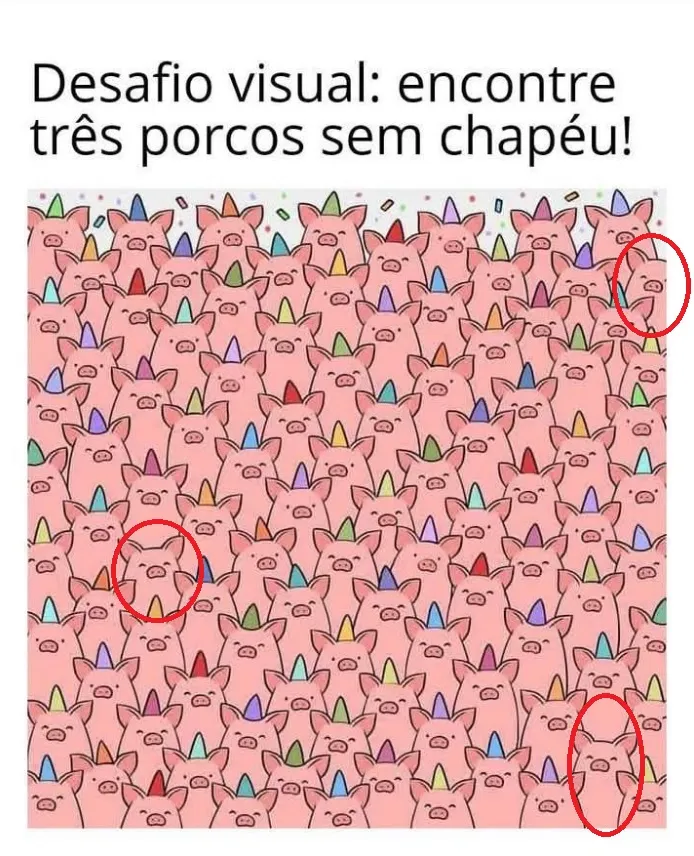 Desafio Visual: Encontre os 3 Porcos sem Chapéu