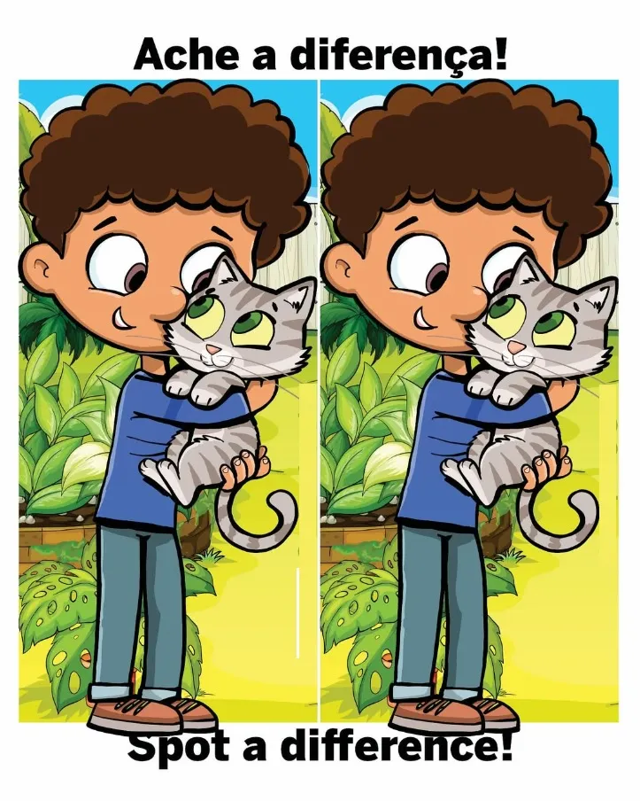 Ache a Diferença: O Menino e o Gatinho no Jardim