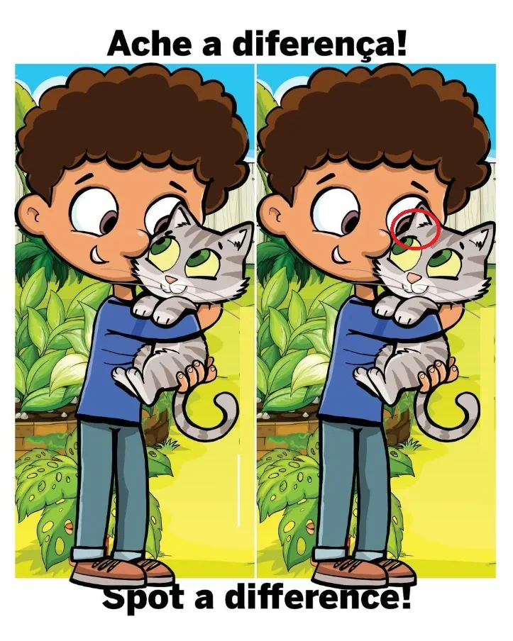 Ache a Diferença: O Menino e o Gatinho no Jardim