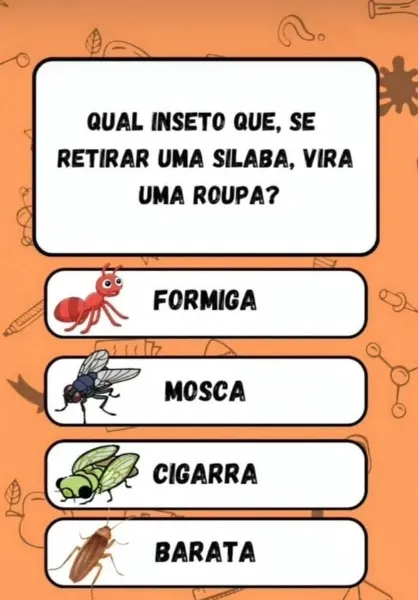 desafio de raciocinio qual inseto vira uma roupa se tirar uma silaba