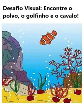 desafio visual encontre o polvo o golfinho e o cavalo