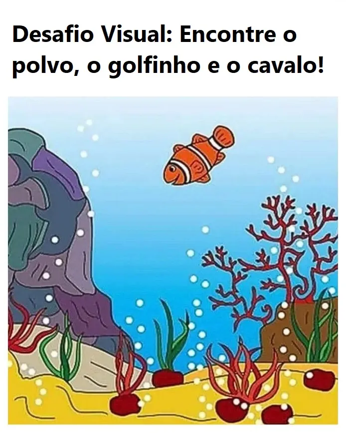 desafio visual encontre o polvo o golfinho e o cavalo