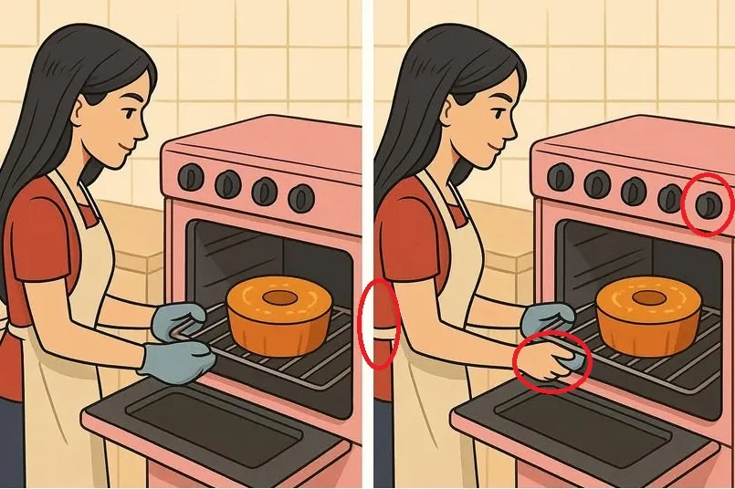 desafio visual ache a diferenca na cena da moca tirando o bolo do forno resposta