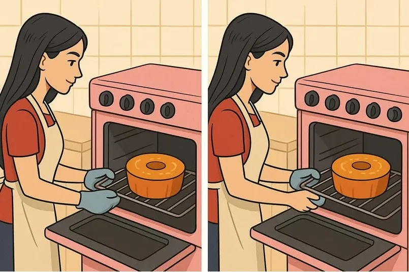 desafio visual ache a diferenca na cena da moca tirando o bolo do forno