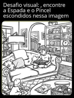 desafio visual encontre a espada e o pincel escondidos nessa imagem