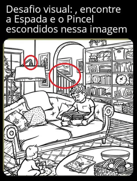 desafio visual encontre a espada e o pincel escondidos nessa imagem resposta