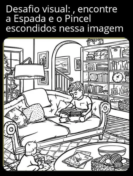 desafio visual encontre a espada e o pincel escondidos nessa imagem