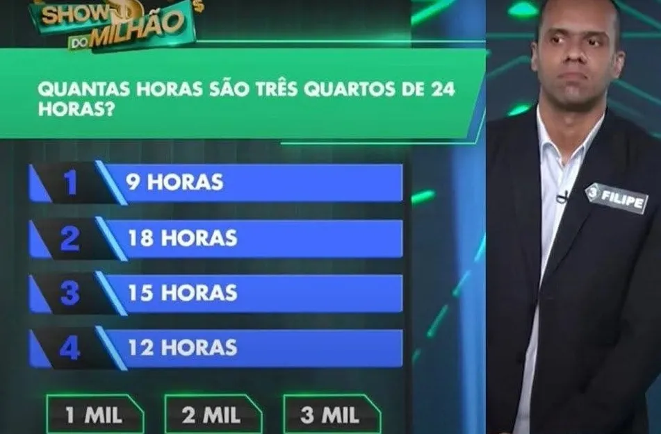 Desafio do Show do Milhão: Quantas horas são três quartos de 24 horas?