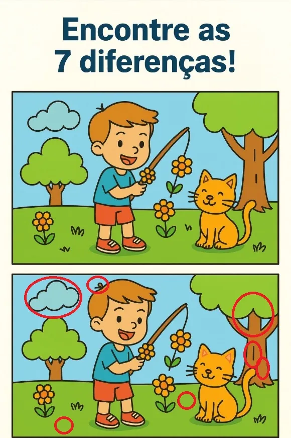 Desafio Visual: Encontre as 7 Diferenças do Menino e Seu Gatinho
