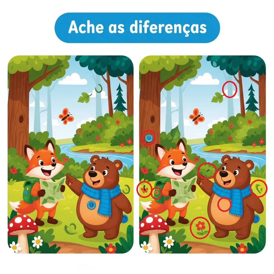 Ache a Diferença: Raposa e Urso na Floresta