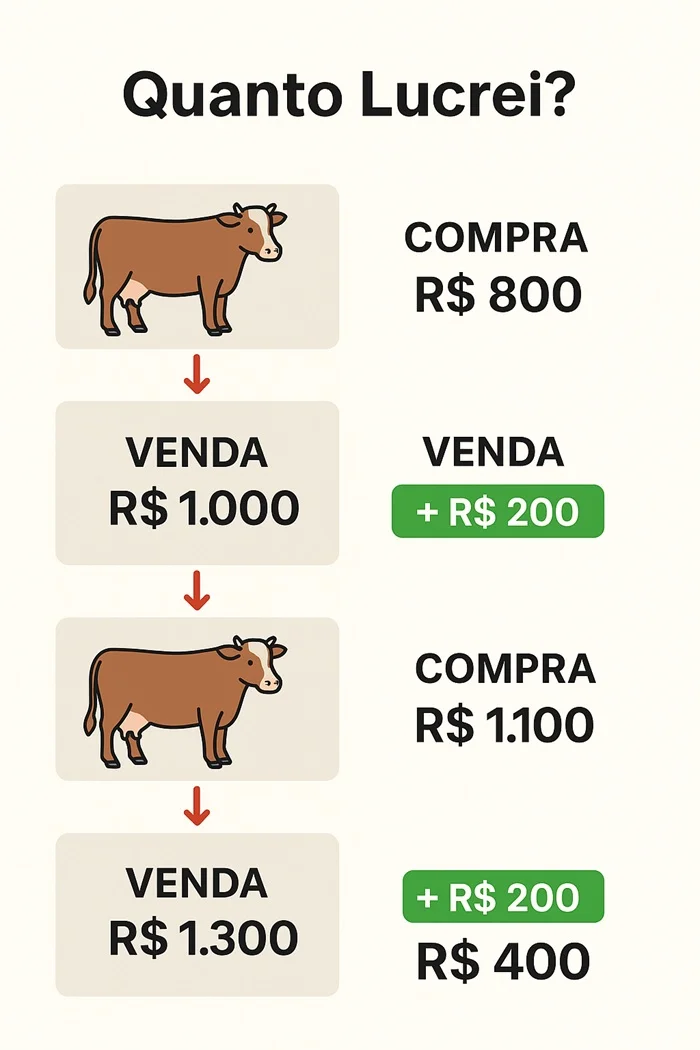 Comprei uma vaca por R$800, vendi por R$1000... quanto lucrei?