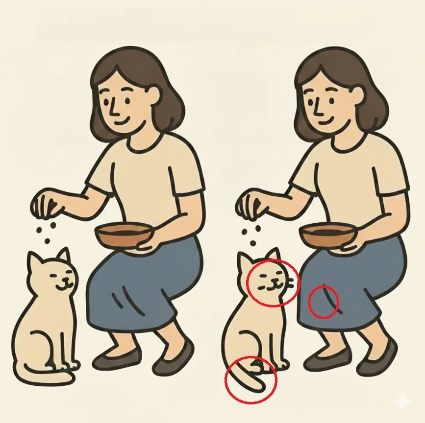 Ache a Diferença: A Moça Alimentando o Gato