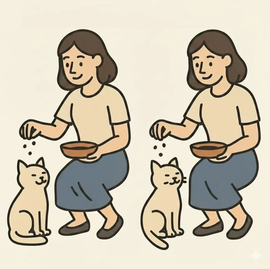 Ache a Diferença: A Moça Alimentando o Gato