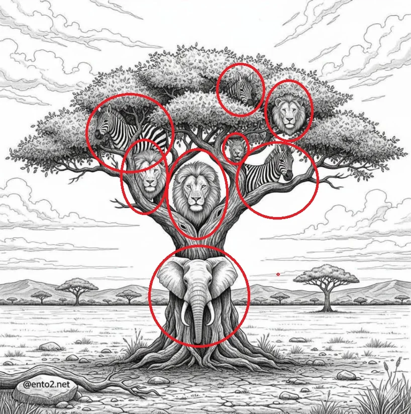 Desafio Visual: Quantos Animais Você Consegue Ver na Grande Árvore da Savana?