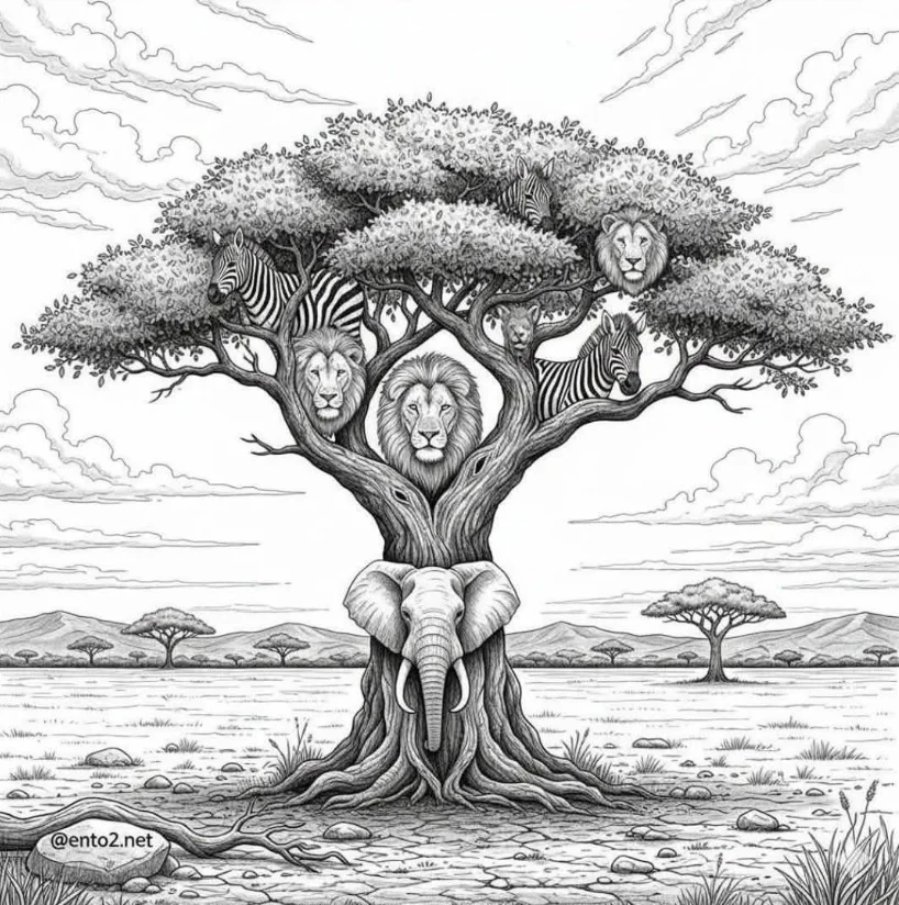 Desafio Visual: Quantos Animais Você Consegue Ver na Grande Árvore da Savana?