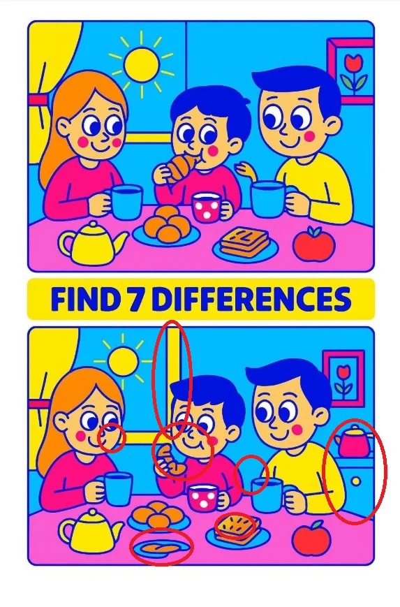 Desafio do Dia: Encontre as 7 Diferenças na Família Tomando Café da Manhã!