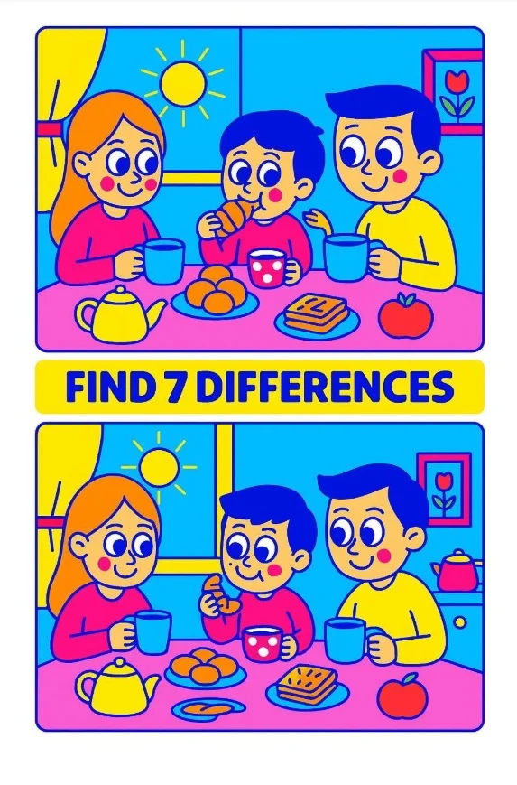 Desafio do Dia: Encontre as 7 Diferenças na Família Tomando Café da Manhã!