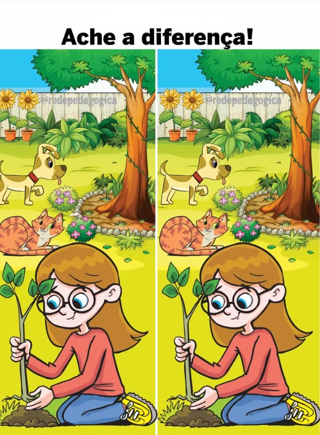 Ache a Diferença: Menina Plantando uma Árvore no Jardim