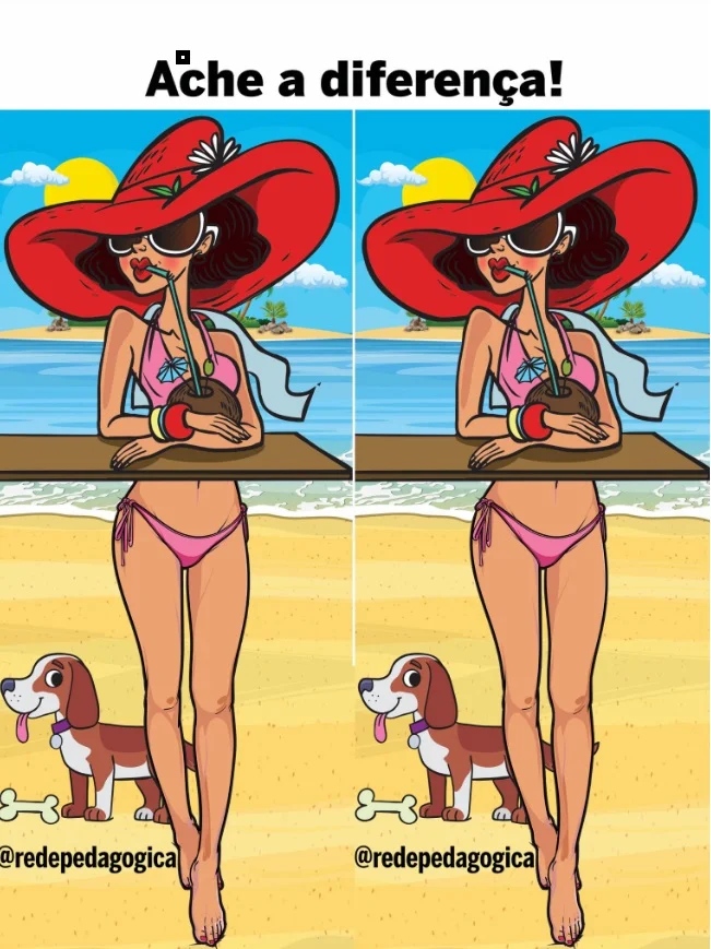 Ache a Diferença: Moça na Praia com Cachorro e Chapéu Vermelho