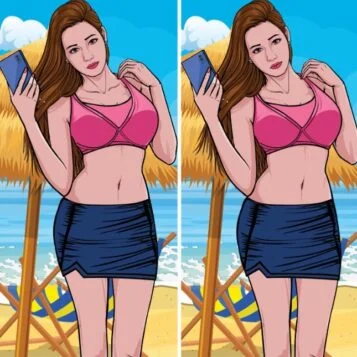 Ache a Diferença: Moça na Praia com Top Rosa e Saia Azul