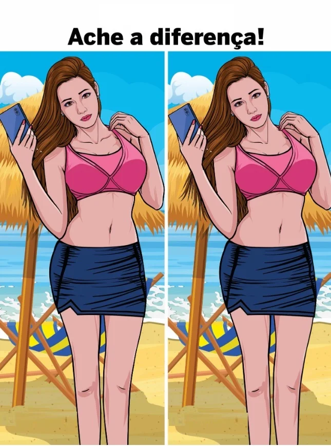 Ache a Diferença: Moça na Praia com Top Rosa e Saia Azul