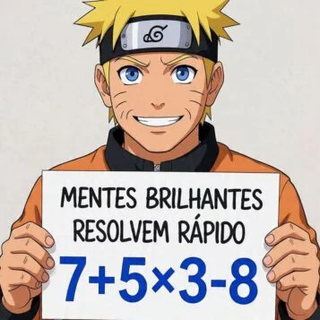 personagem ninja segurando desafio matemático 7+5x3-8 com mensagem mentes brilhantes resolvem rápido