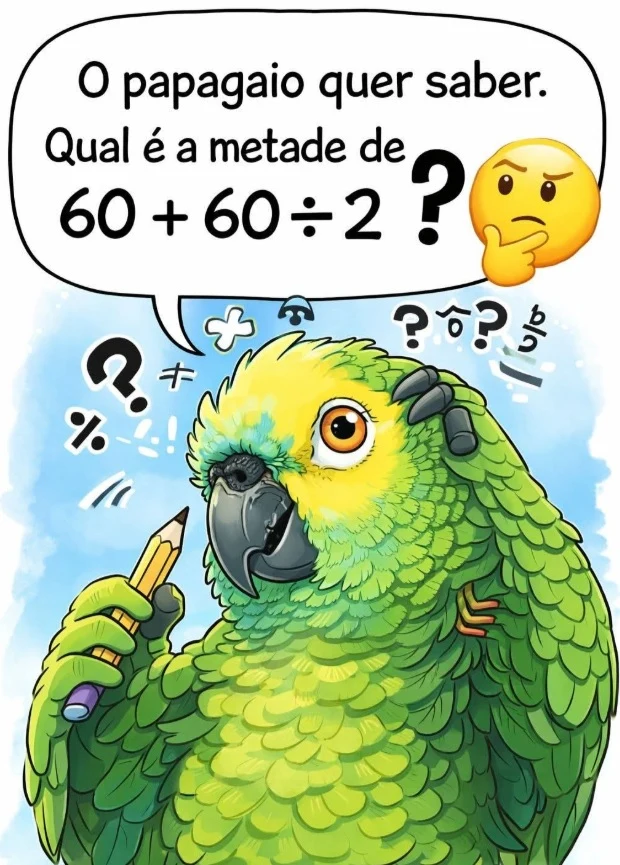 O Papagaio Quer Saber: Qual é a Metade de 60 + 60 / 2?