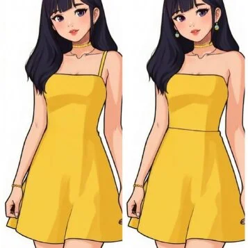 Imagem de desafio visual mostrando duas meninas de vestido amarelo com diferenças escondidas entre as figuras