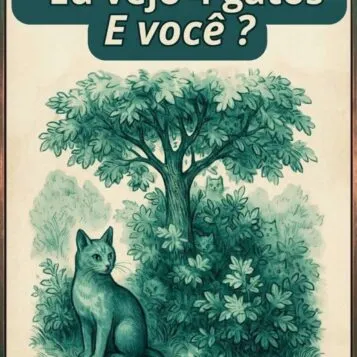 Ilustração com vários gatos escondidos entre árvores e folhas em desafio visual de observação