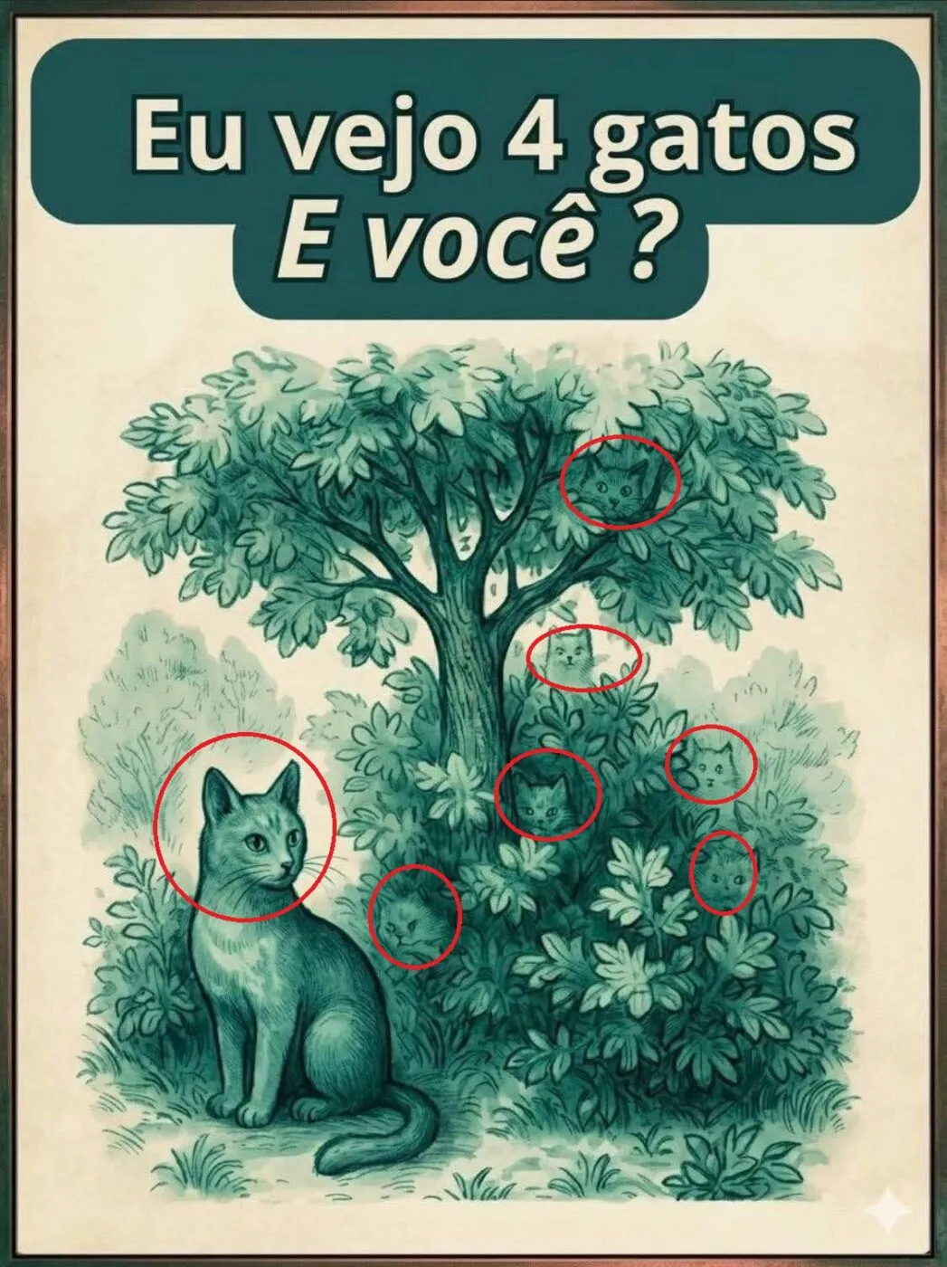 Ilustração com a resposta e vários gatos escondidos entre árvores e folhas em desafio visual de observação