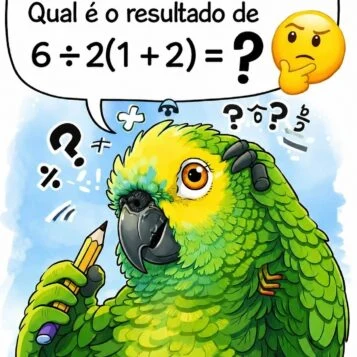 papagaio segurando lápis com conta matemática 6÷2(1+2)
