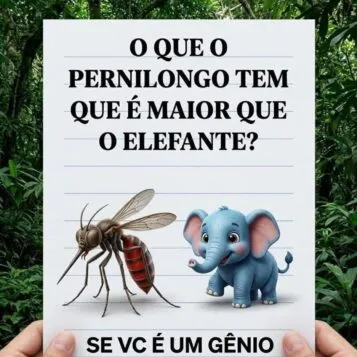 Desafio visual perguntando o que o pernilongo tem que é maior que o elefante com ilustração de um mosquito e um elefante