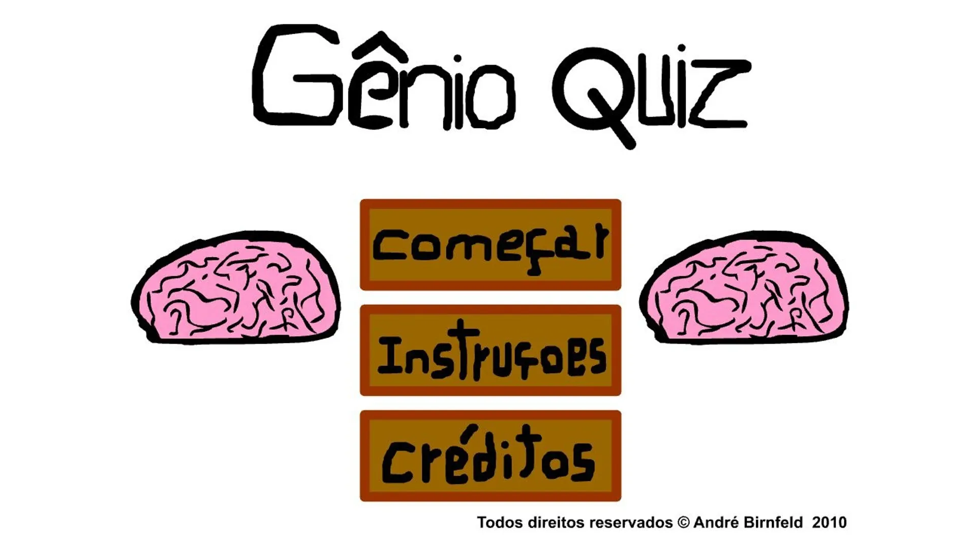 Menu clássico do jogo Gênio Quiz com opções começar, instruções e créditos