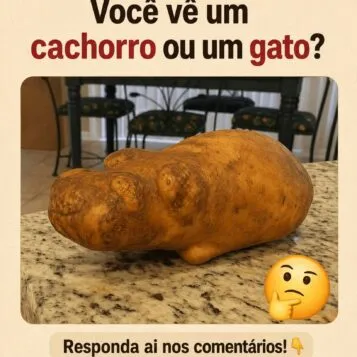 Batata com formato curioso que parece um cachorro, gato ou hipopótamo em desafio de ilusão óptica