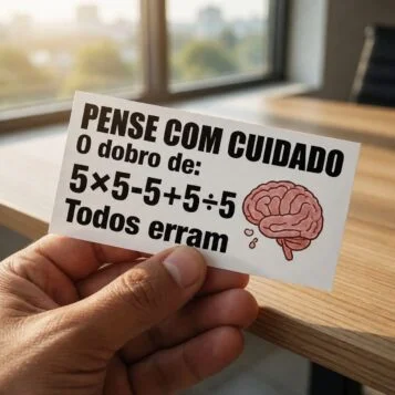 Cartão com desafio matemático mostrando a expressão 5×5−5+5÷5 e convidando o leitor a encontrar a resposta correta.