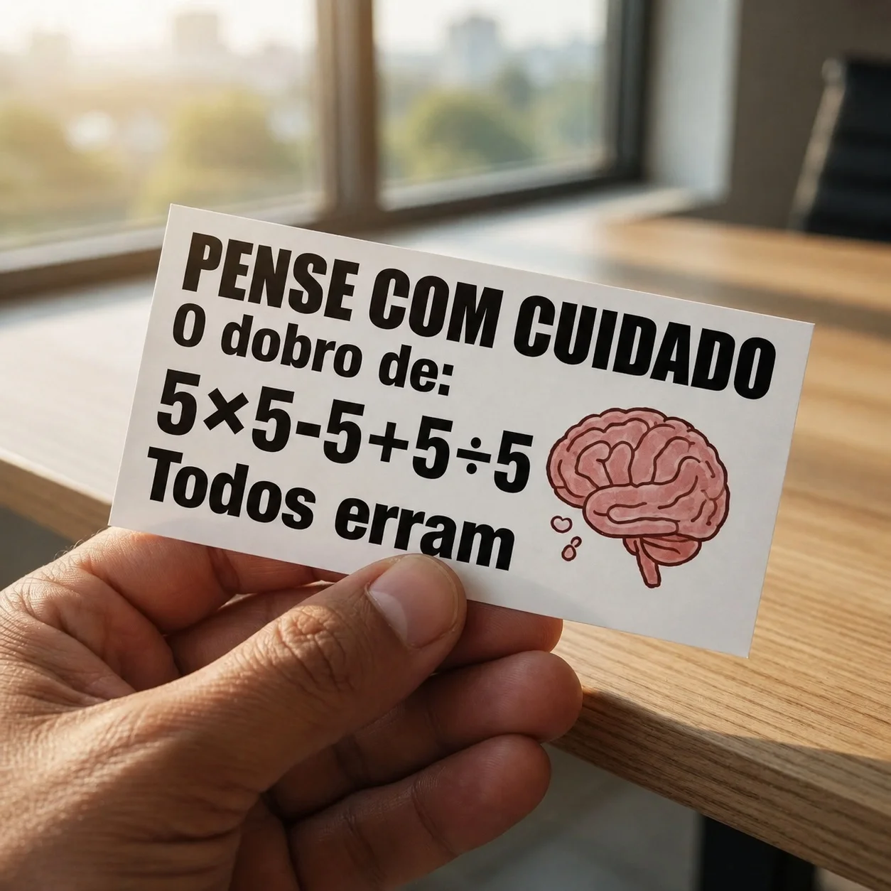 Cartão com desafio matemático mostrando a expressão 5×5−5+5÷5 e convidando o leitor a encontrar a resposta correta.