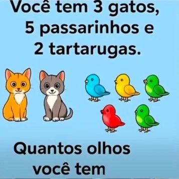 Desafio de lógica perguntando quantos olhos você tem com gatos, passarinhos e tartarugas ilustrados