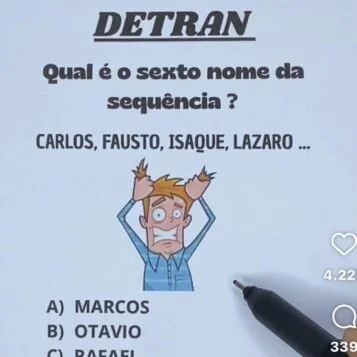 Imagem de teste psicotécnico do Detran com sequência de nomes e alternativas para descobrir o sexto nome
