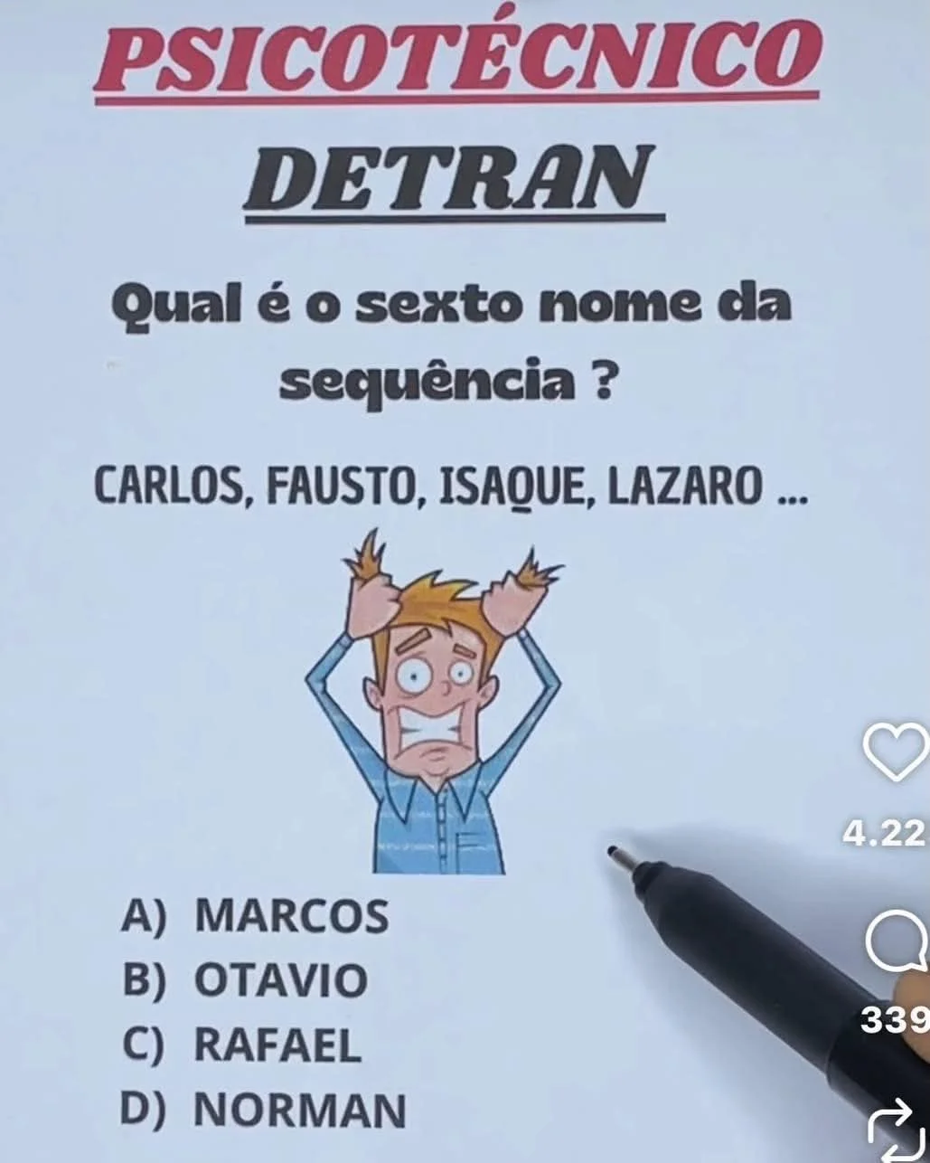 Imagem de teste psicotécnico do Detran com sequência de nomes e alternativas para descobrir o sexto nome