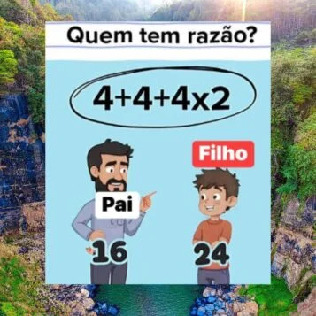 Teste de matemática mostrando a conta 4 + 4 + 4 × 2 e duas respostas diferentes: 16 e 24.