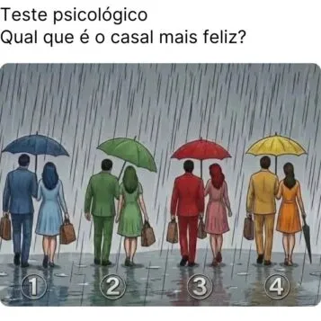 Quatro casais caminhando na chuva com guarda chuvas diferentes em teste psicológico sobre felicidade no relacionamento