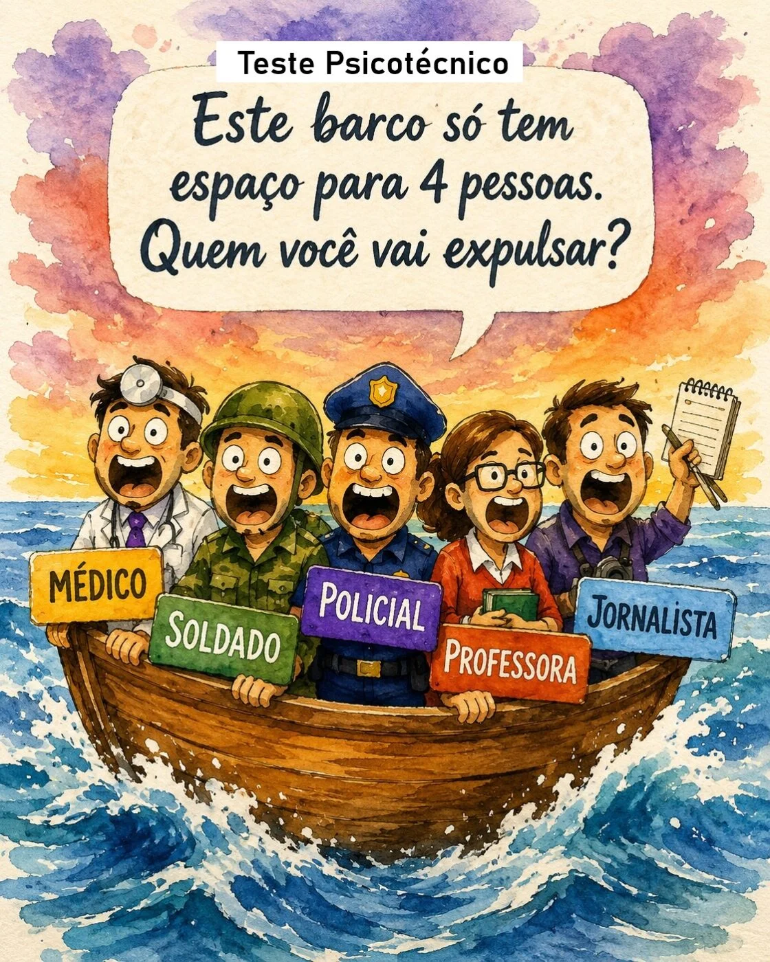 Teste psicotécnico mostrando médico, soldado, policial, professora e jornalista em um barco com espaço para apenas quatro pessoas.