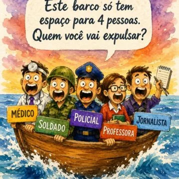 Teste psicotécnico mostrando médico, soldado, policial, professora e jornalista em um barco com espaço para apenas quatro pessoas.