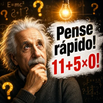 Albert Einstein pensativo ao lado da expressão matemática 11 + 5 × 0 em um desafio de raciocínio lógico.