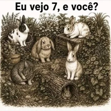Desafio visual com vários coelhos escondidos entre plantas e troncos perguntando quantos animais existem na cena.