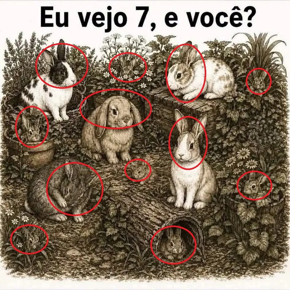 Resposta Desafio visual com vários coelhos escondidos entre plantas e troncos perguntando quantos animais existem na cena.