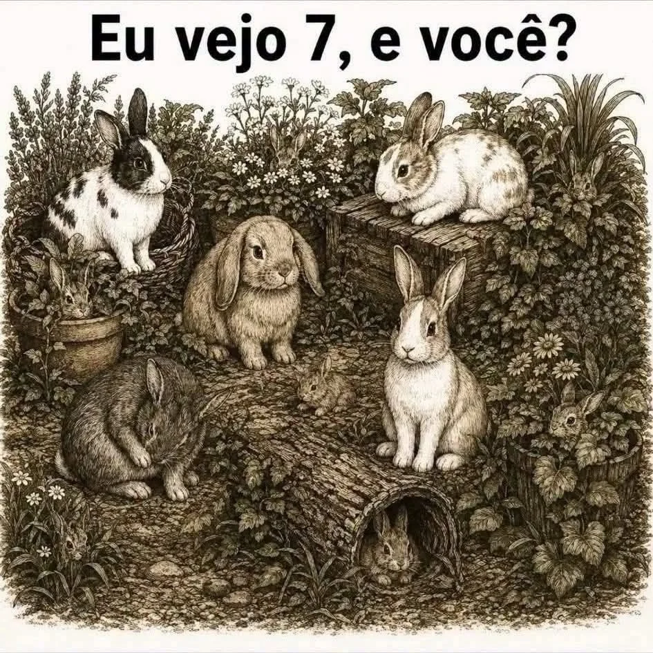 Desafio visual com vários coelhos escondidos entre plantas e troncos perguntando quantos animais existem na cena.
