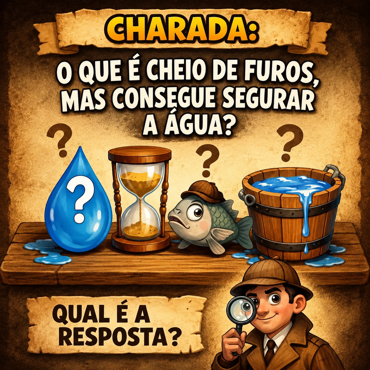 Charada perguntando o que é cheio de furos, mas consegue segurar a água, com ilustrações de gota d'água, ampulheta, peixe e barril.